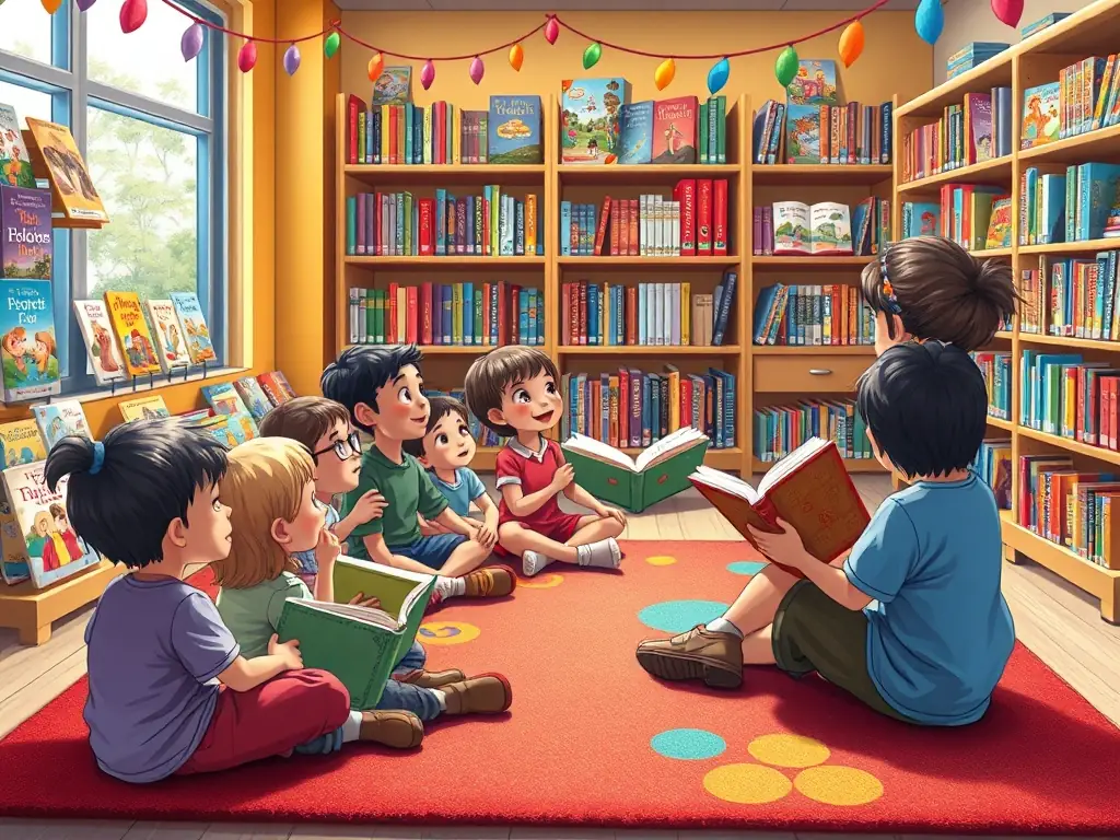 A vibrant image depicting children participating in a storytelling session at BIBLIOTHEQUE, surrounded by colorful books and engaged in the narrative.