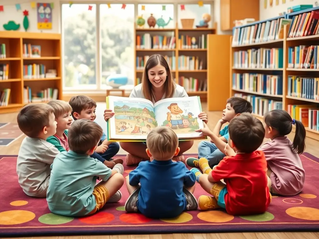A vibrant image of a children's story time event at BIBLIOTHEQUE, with kids gathered around a librarian reading aloud from a picture book. The scene is colorful and engaging, capturing the excitement of early literacy.
