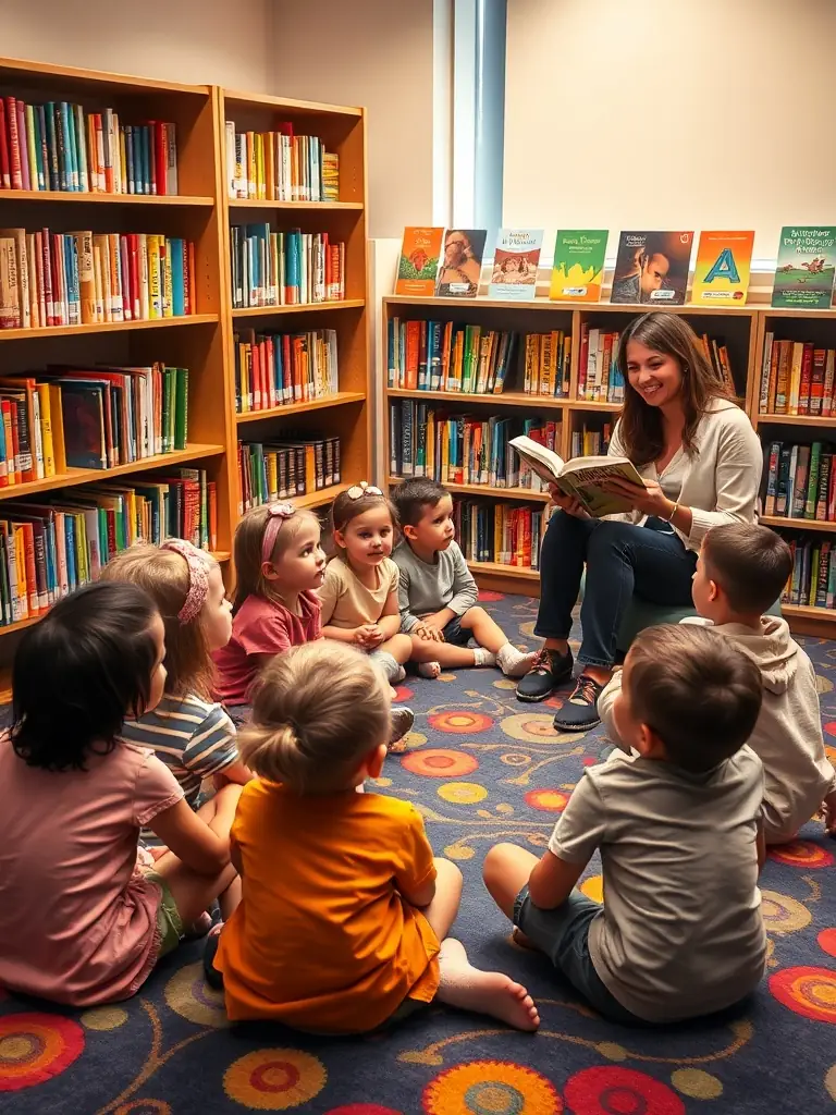 A vibrant image of children participating in a storytelling session at BIBLIOTHEQUE, with a librarian reading aloud and kids listening attentively, set in a cozy and colorful library corner.