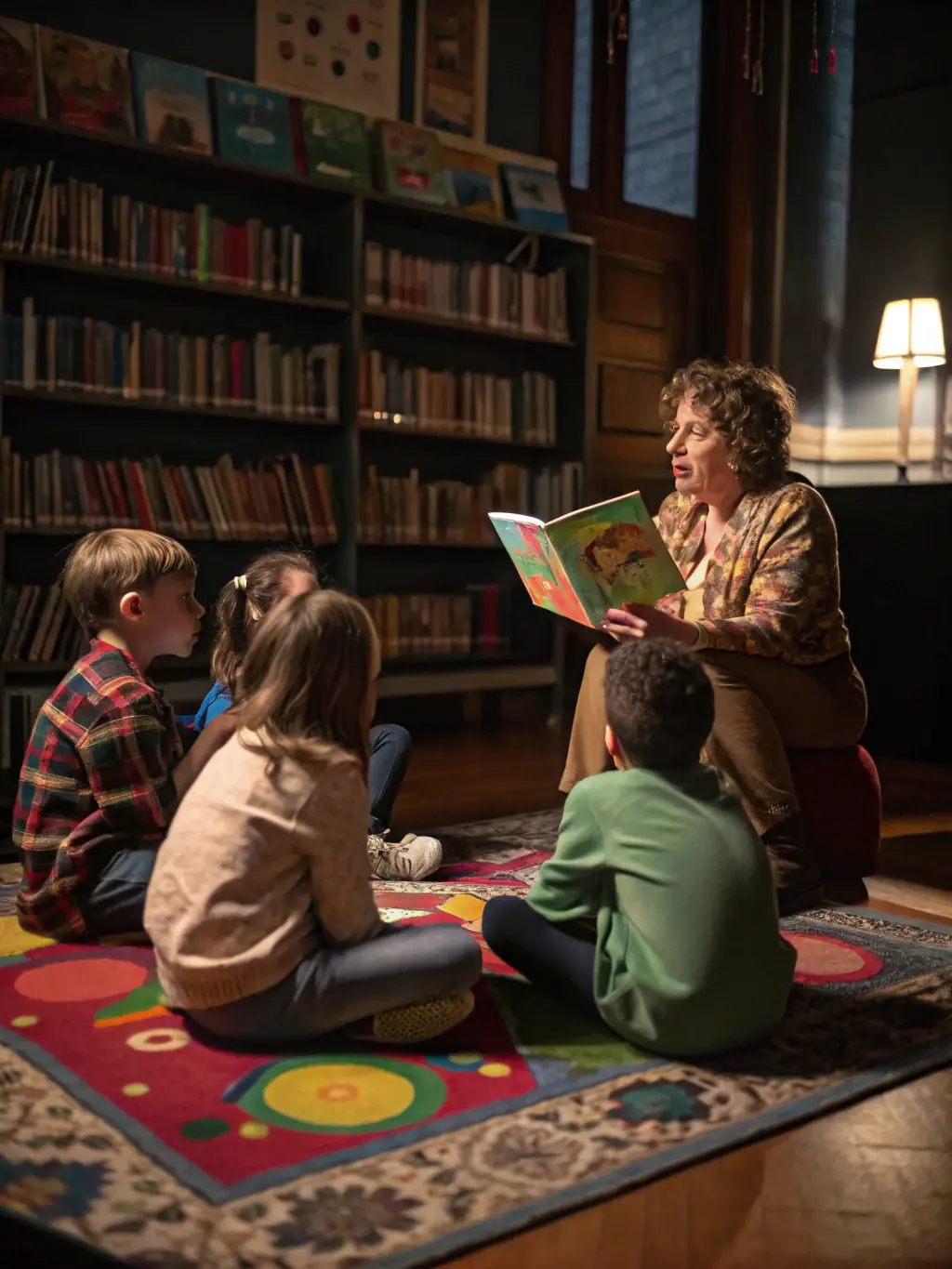 Children gathered around a storyteller at the library, captivated by the narrative, with colorful books and puppets enhancing the scene.