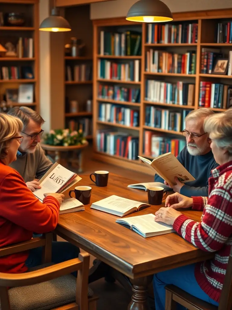 A photograph of a group of adults engaged in a book discussion at BIBLIOTHEQUE, with books and refreshments on the table, showcasing a lively and intellectual atmosphere.