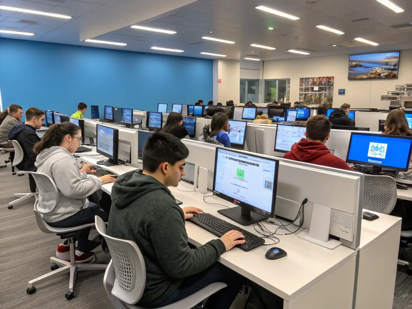 An image showcasing adults participating in a computer literacy workshop at BIBLIOTHEQUE, focusing on digital skills and online resources.