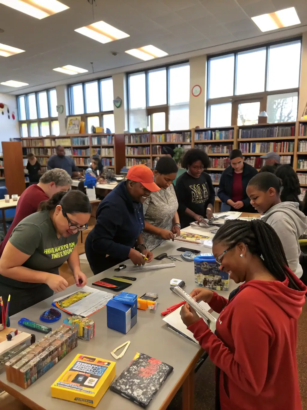 A picture of a community event at the library, showcasing people of all ages participating in a workshop or cultural activity.