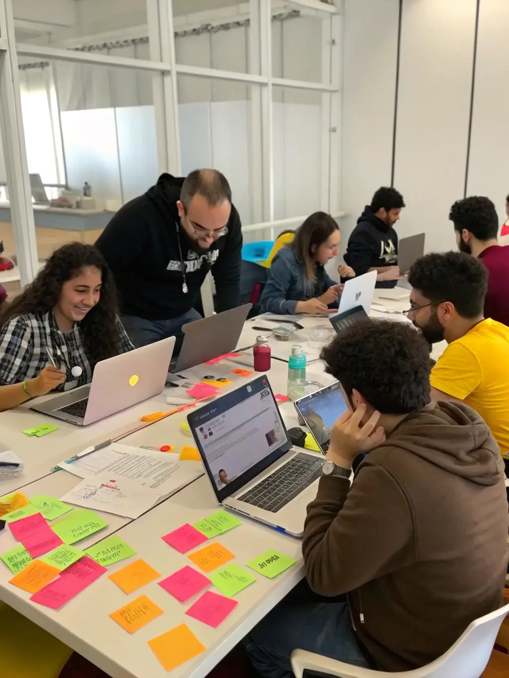 A visually appealing image of a workshop setup at BIBLIOTHEQUE, with laptops and creative materials, indicating a digital literacy or creative workshop in progress.