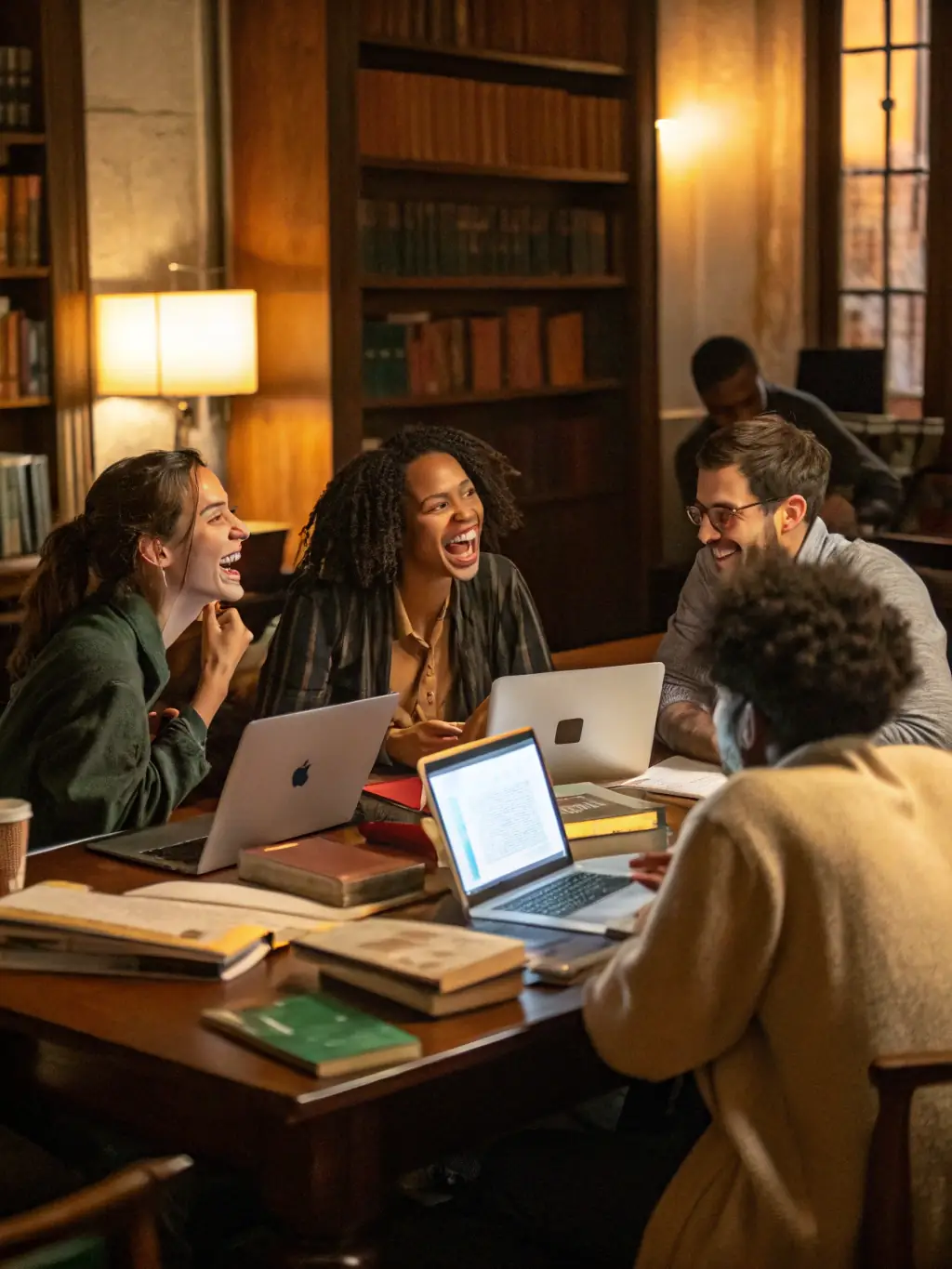 A group of diverse adults participating in a book club discussion at the library, with coffee cups and open books on the table, showcasing community engagement.