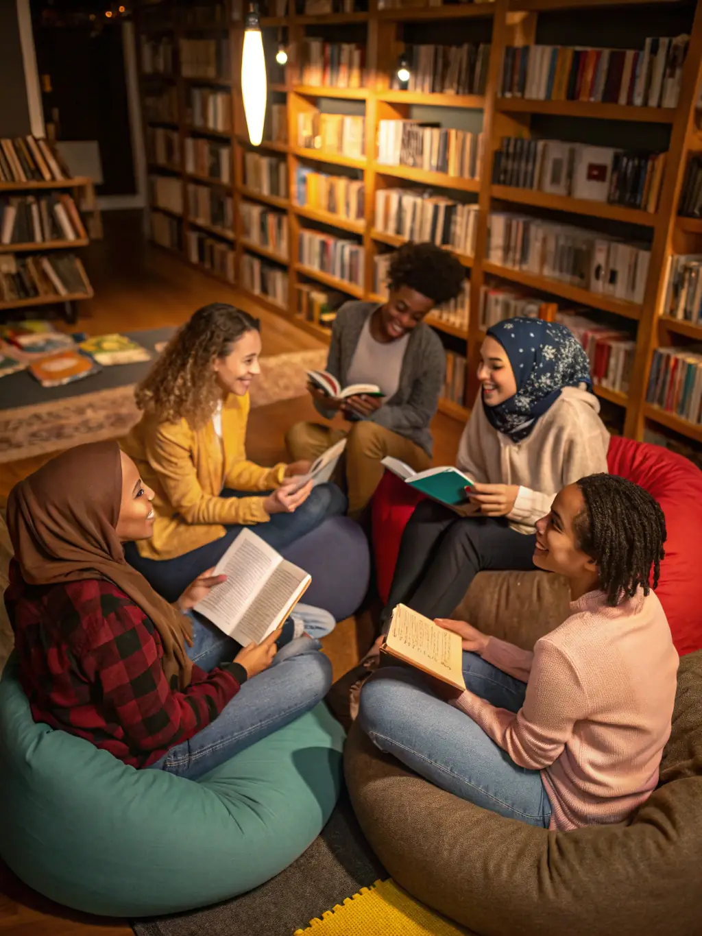 A diverse group of people reading books together in a vibrant library setting, showcasing the library's inclusive environment.