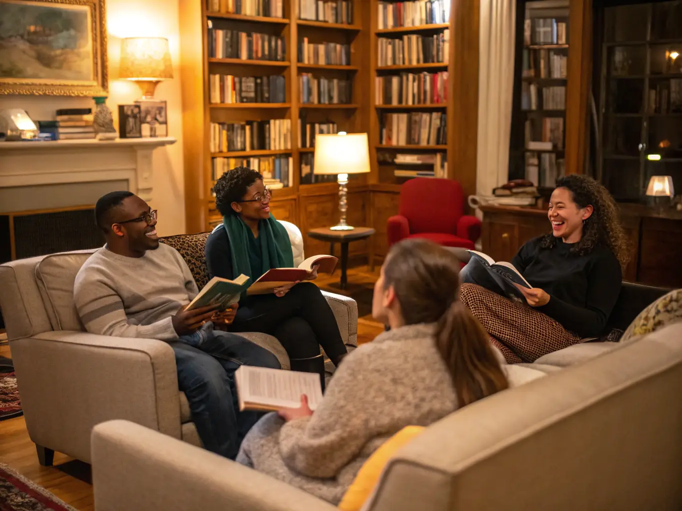 An image of a book club meeting at BIBLIOTHEQUE, with adults discussing a novel in a cozy and inviting setting. The atmosphere is relaxed and conversational, fostering a sense of community and shared literary interest.