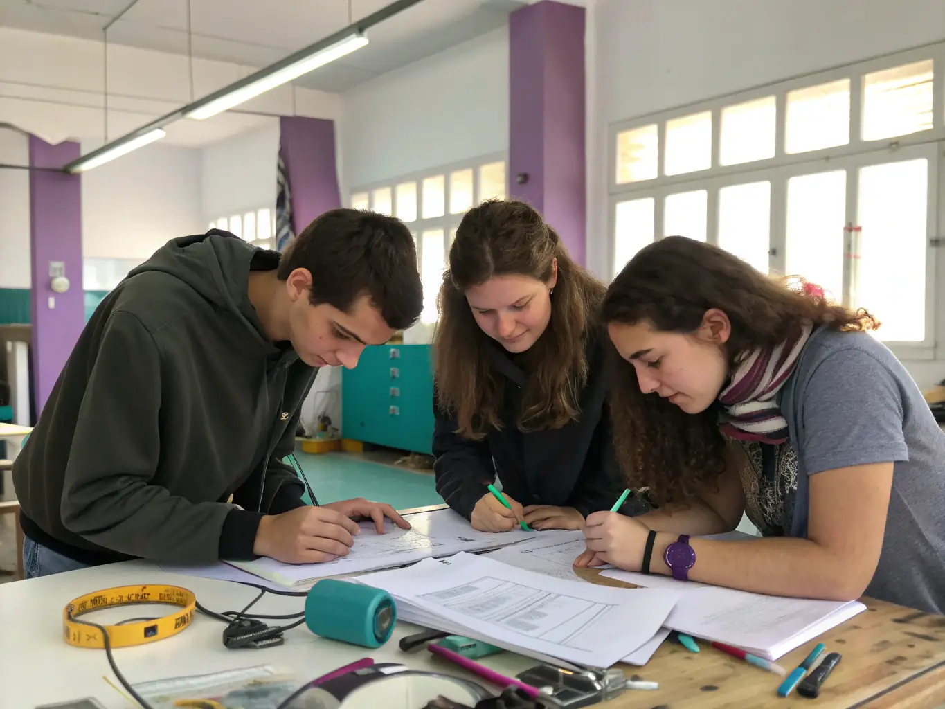 A photograph of teenagers working on a collaborative project in the library's makerspace, utilizing technology and creative problem-solving skills.